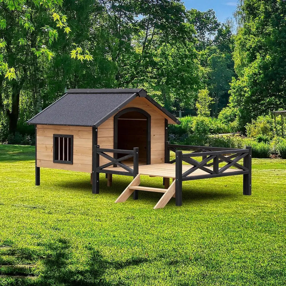 Spacious Wooden Dog Cabin with Porch - Outdoor Dog House Style