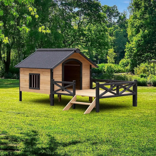 Spacious Wooden Dog Cabin with Porch - Outdoor Dog House Style
