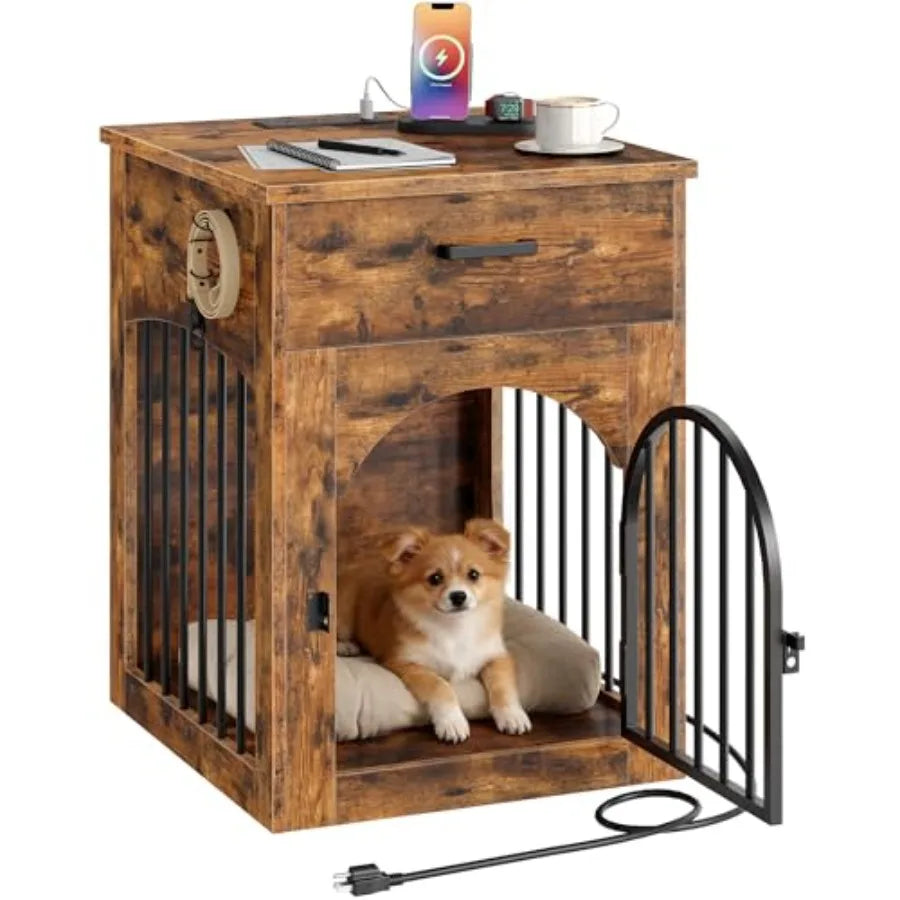 Dog Crate Furniture, Wooden Dog House with Charging Station and Storage Drawer, Indoor Pet Crate End Table for Small Breeds, Do
