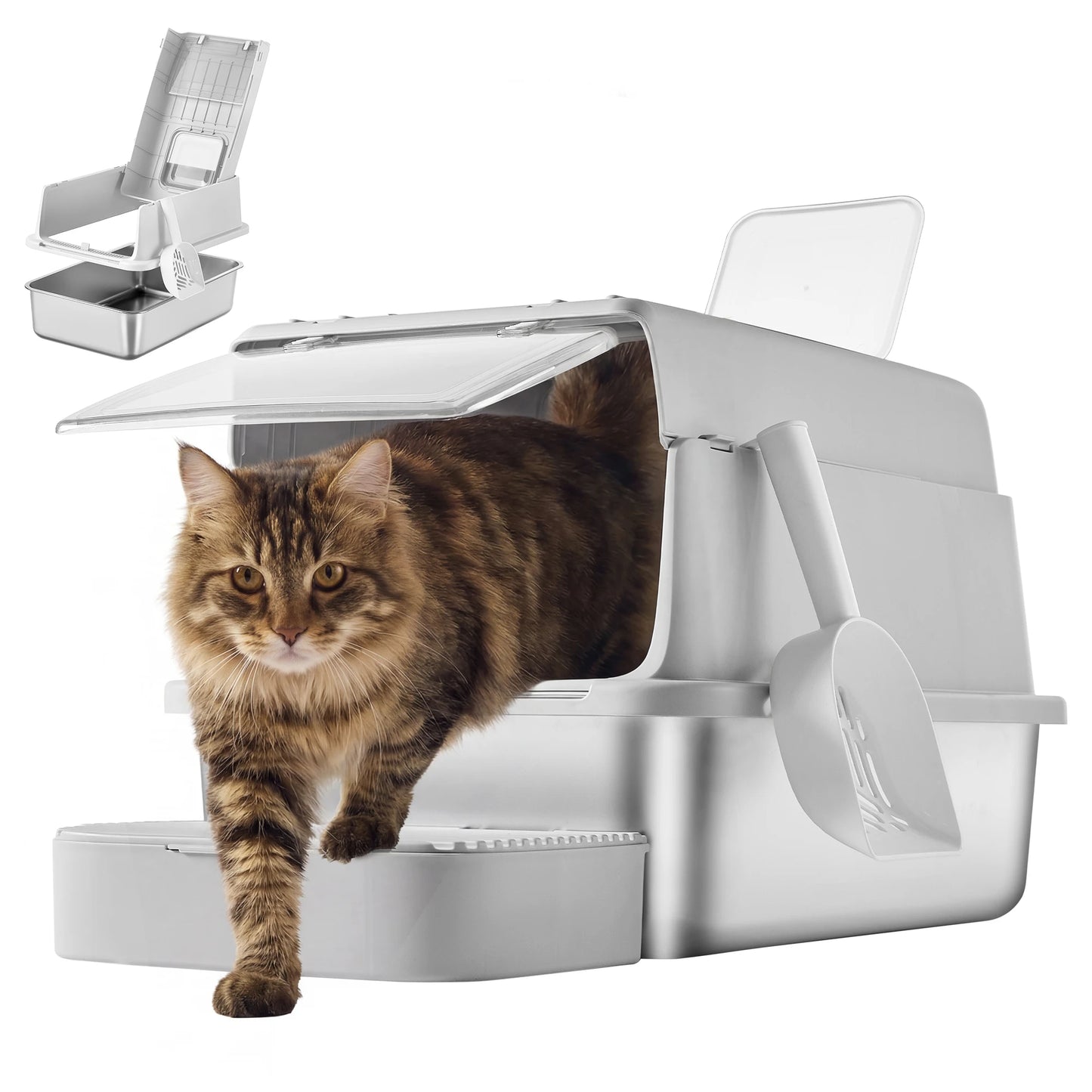 Feandrea Stainless Steel Cat Litter Box with Flip Lid, Litter Catcher Mat and Box, 2 Doors, Scoop, for Cats up to 33 lb