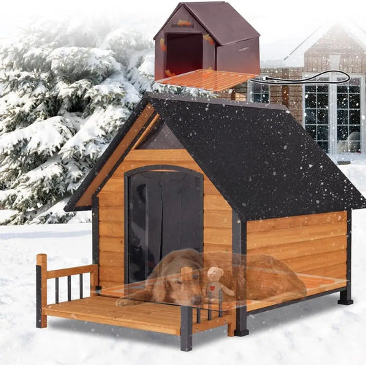 Insulated Dog House with Heating Pad, Weatherproof Outdoor Kennel for Large Dogs, Chew-Resistant Iron and Asphalt Roof (Wood-H,