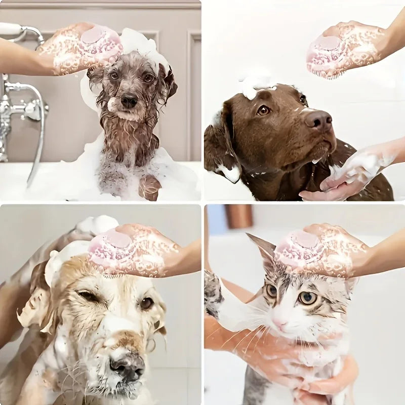 Silicone Soft Rubber Pet Massage Shower Brush with Builtin Shampoo Storage Self Cleaning Detangling for Dogs Cats Grooming Brush
