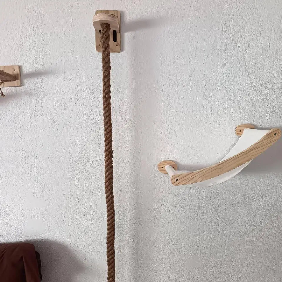 Wall-Mounted Cat Climbing Rope Wooden Cat Tree Hammock Step Ladder Natural Sisal Cat Scratching Post Indoor Wall Cat Furniture