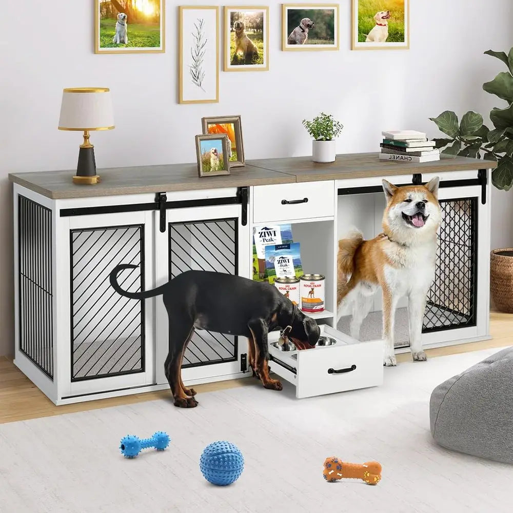 85 Heavy-Duty Double Dog Crate with Sliding Door, Divided for Two Large Dogs, Includes 4 Bowls, White