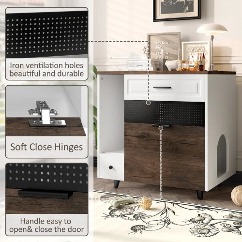 Cat Litter Box Enclosure, Indoor Hidden Cat Litter Box Furniture with 2 Drawers and Door, Cat House End Table for Living room