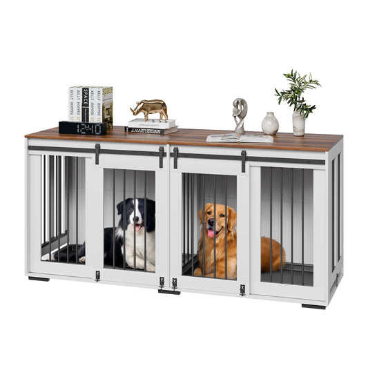 SucceBuy Double Dog Crate Furniture with Double Sliding Doors Large Dog Crate TV Stand with Removable Tray Steel Frame for Dogs