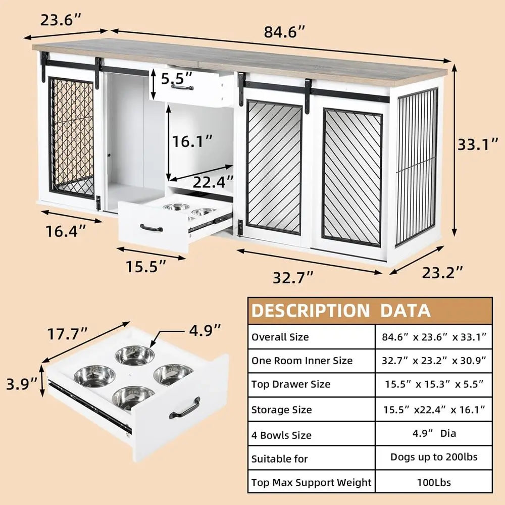 85 Heavy-Duty Double Dog Crate with Sliding Door, Divided for Two Large Dogs, Includes 4 Bowls, White