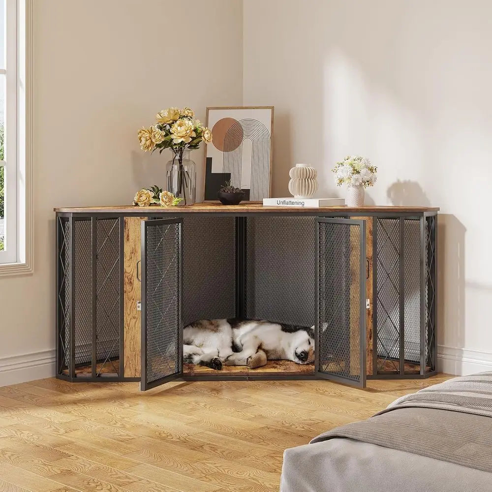 Large Wooden Dog Kennel Furniture, XL Dog Crate with 2 Doors, Decorative Dog Crate TV Stand End Table for Small to Large Dogs