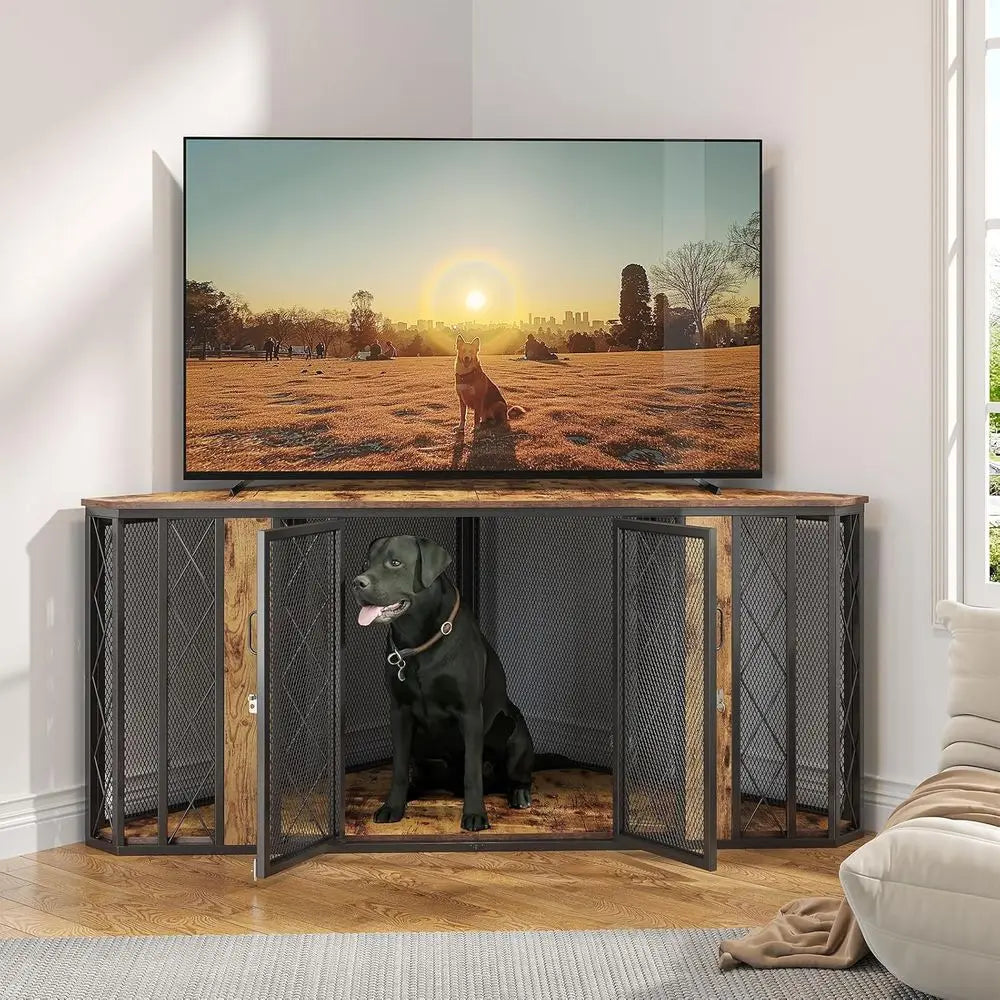 Large Wooden Dog Kennel Furniture, XL Dog Crate with 2 Doors, Decorative Dog Crate TV Stand End Table for Small to Large Dogs