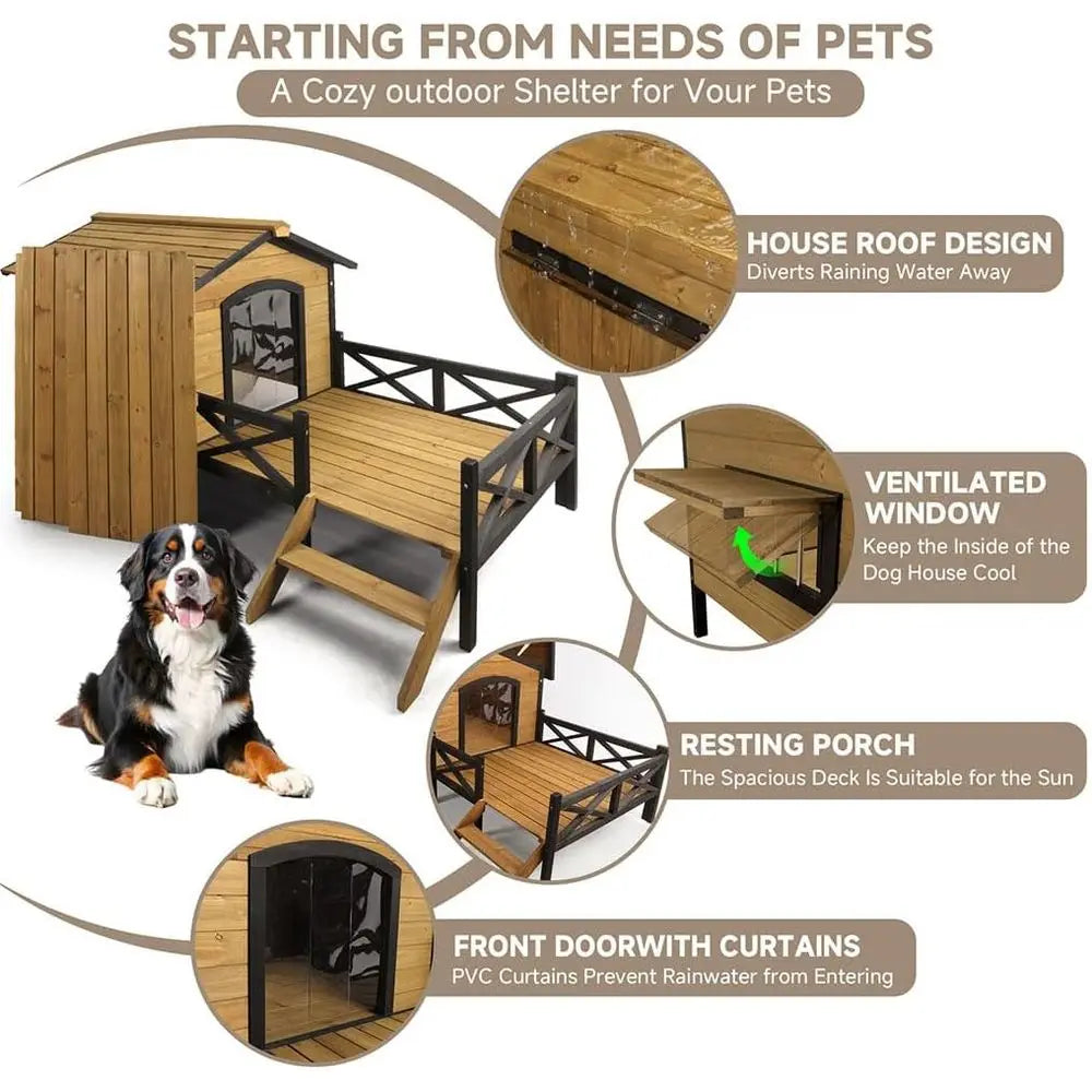 Wooden Large Dog House 43.3" L x 69.9" W x 32.7" H Extreme Outback Log Cabin Weatherproo Outdoor Pet Kennel, Cabin Style Elevate