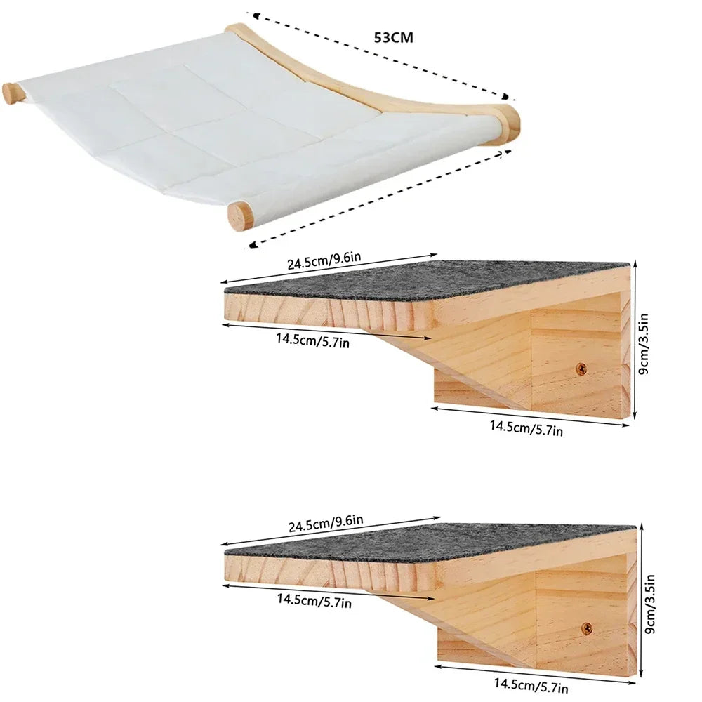 Cat Climbing Shelf Wall Cat Furniture Wooden Tree Tower Scratching Post Hiding House Nest Hanging Hammock Ladder Indoor Cats Gym