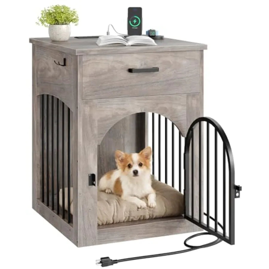 Dog Crate Furniture, Wooden Dog House with Charging Station and Storage Drawer, Indoor Pet Crate End Table for Small Breeds, Do