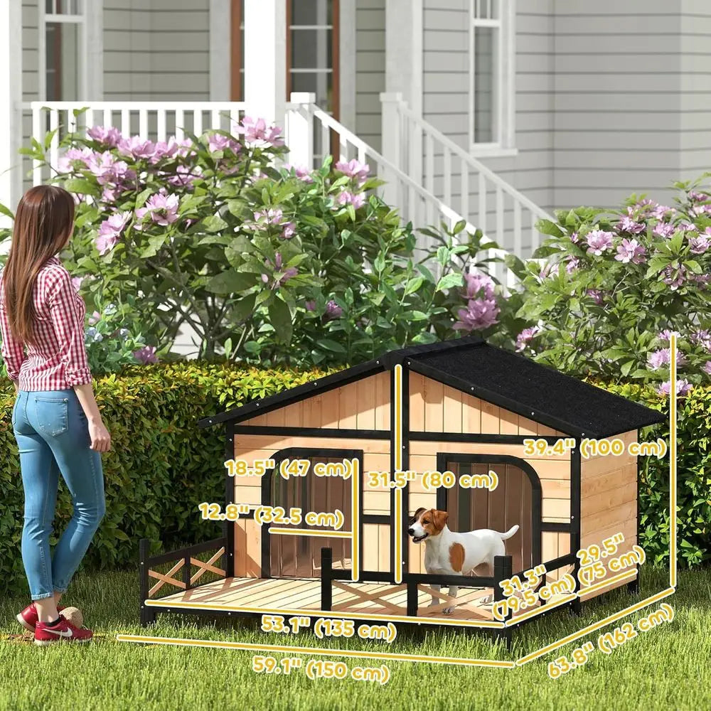Outdoor Wooden Dog Kennel with Porch, Removable Bottom, and Double Room for Medium Breeds