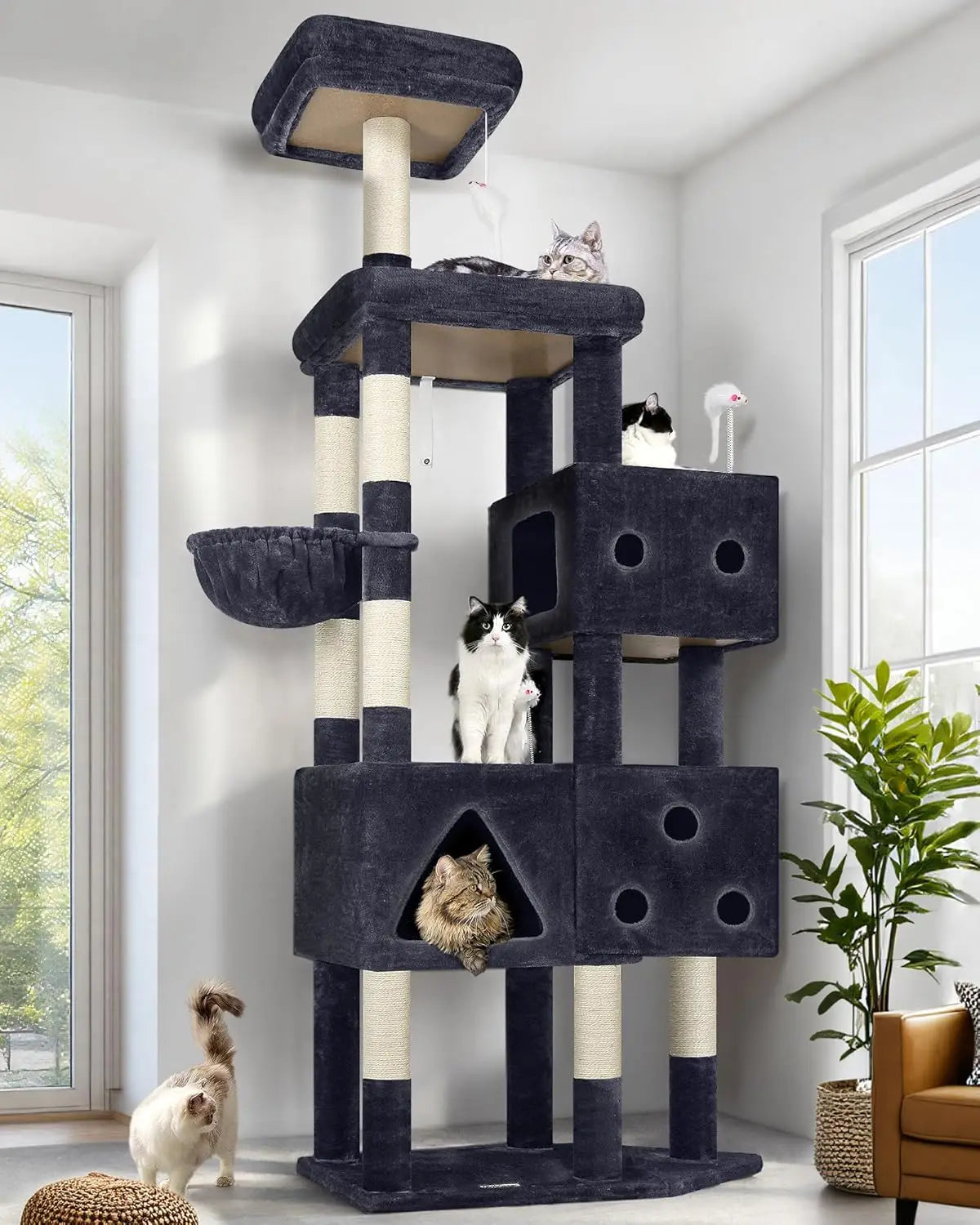 81" Cat Tower for Large Cats, Heavy Duty Cat Tree with 3 Condos, 8 Scratching Posts, Dark Grey