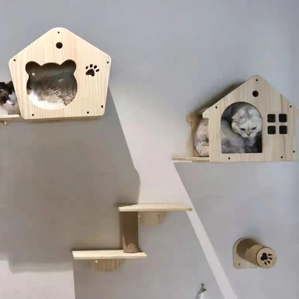 Cat Climbing Shelf Wall Cat Furniture Wooden Tree Tower Scratching Post Hiding House Nest Hanging Hammock Ladder Indoor Cats Gym