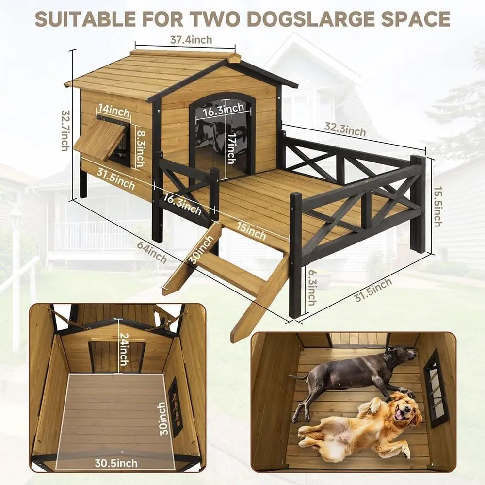 Wooden Large Dog House 43.3" L x 69.9" W x 32.7" H Extreme Outback Log Cabin Weatherproo Outdoor Pet Kennel, Cabin Style Elevate