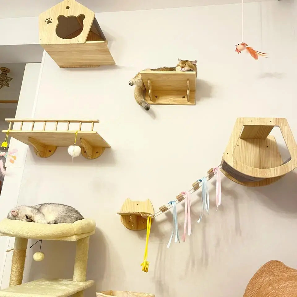 Cat Climbing Shelf Wall Cat Furniture Wooden Tree Tower Scratching Post Hiding House Nest Hanging Hammock Ladder Indoor Cats Gym