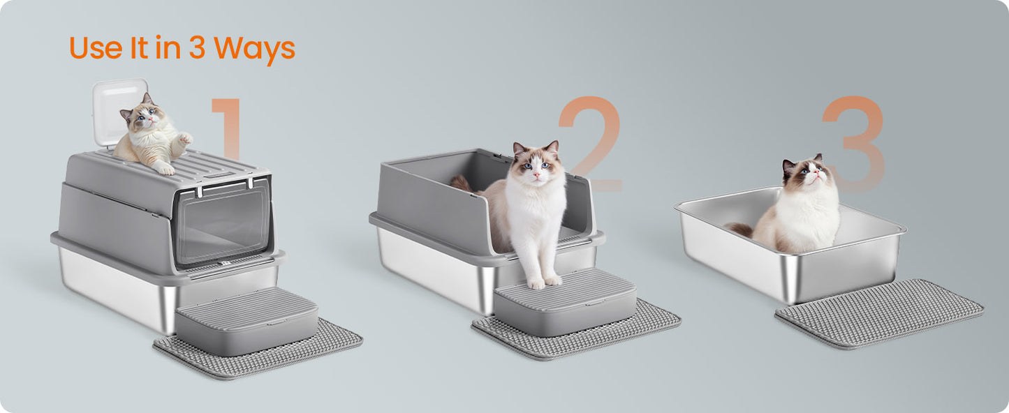 Feandrea Stainless Steel Cat Litter Box with Flip Lid, Litter Catcher Mat and Box, 2 Doors, Scoop, for Cats up to 33 lb